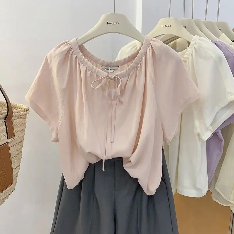 Tennis Rotary Sleeve Lace Doll Shirt for Women Summer New Round Neck Pullover Cute Loose Short Sleeve Shirt