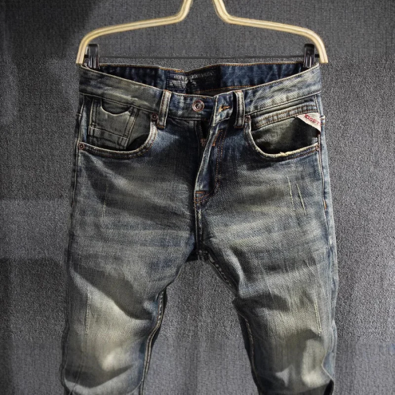 2025年春トレンド レトロ ヴィンテージ ブリティッシュジーンズ メンズ トレンドブランド 若者向け ストレッチ スリムフィット 細身 デニムパンツ