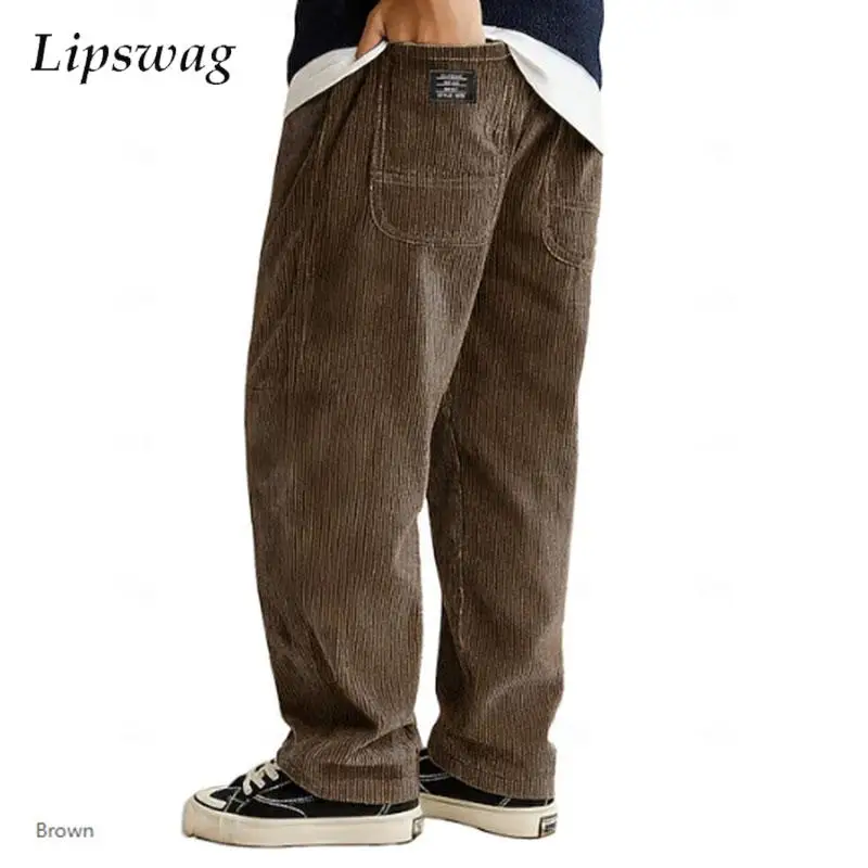

Streetwear Vintage Mens Solid Color Corduroy Pants Spring Summer New Casual Drawstring Loose Straight Trousers Men Fashion Pants
