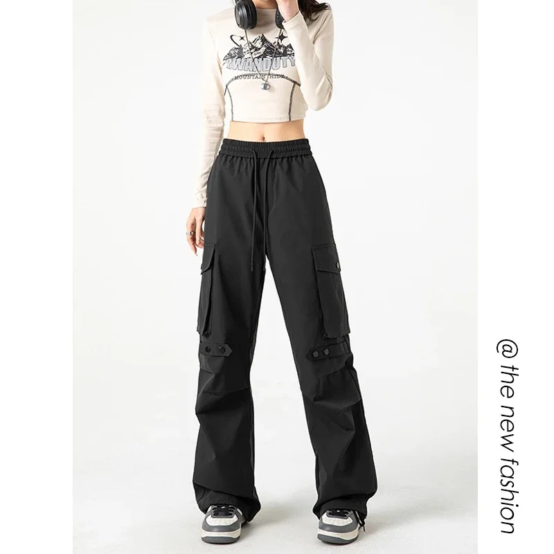Japanese Retro Women Y2K Cargo Pants Casual Baggy Sweatpant Kpop Wide Leg Drawstring Waterproof Oversize Female Pockets Joggers