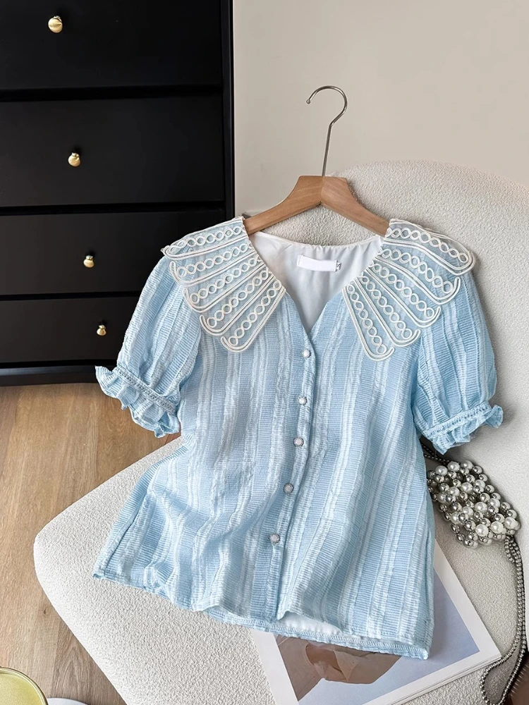 Summer Thin Blue Doll Collar Shirt Women 2024 New High Quality French Style Sweet Puff Sleeve Ruffled Stitching Top Trendy