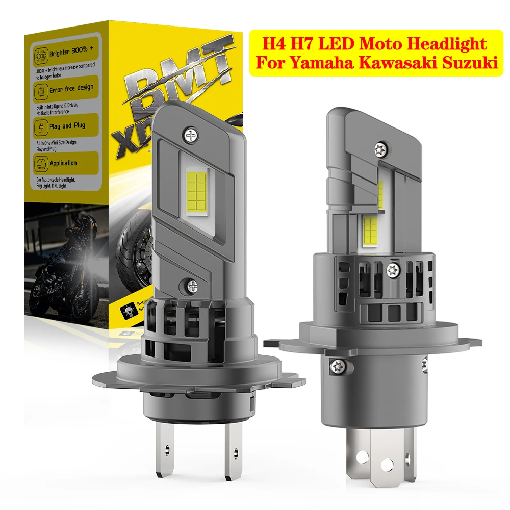

BMTxms 1Pcs Fanles H7 H4 Motorcycle LED Headlight Bulb Moto Light High Low Beam Motorbike Headlamp For Yamaha Kawasaki Suzuki