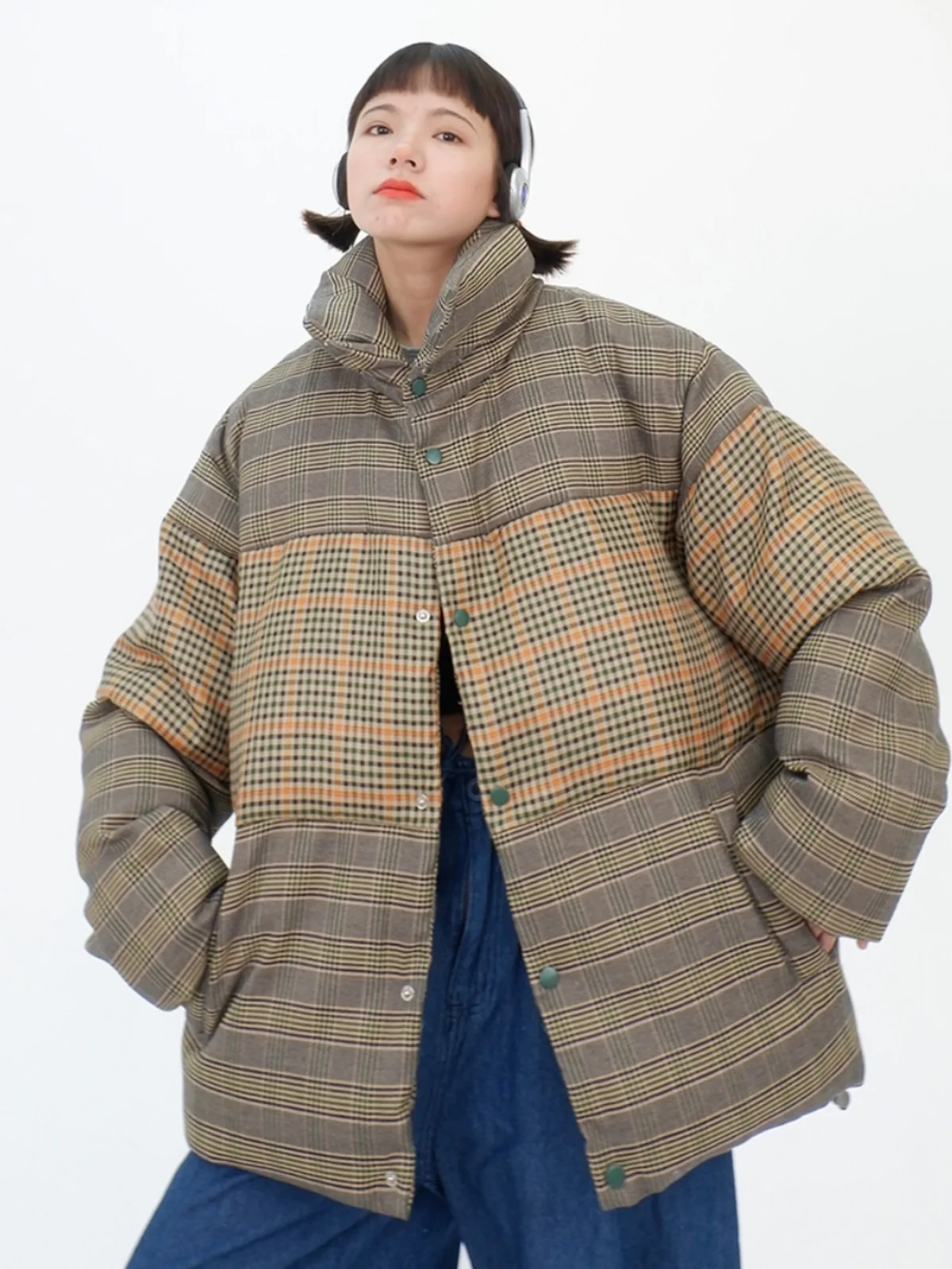 

Checkered panel standing collar women's 2023 winter new loose fitting bf Japanese street thickened cotton jackets