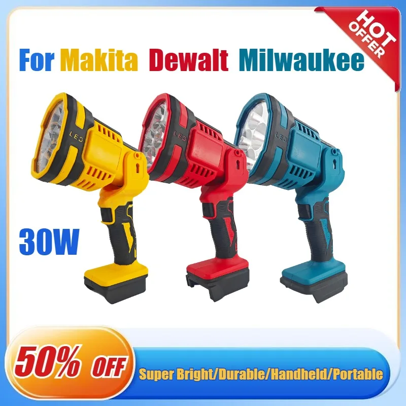 

30W Portable Flashlight LED Work Light for Makita/Milwaukee 18V/Dewalt 20V Li-Ion Battery with 90° Pivoting Head Spotlight