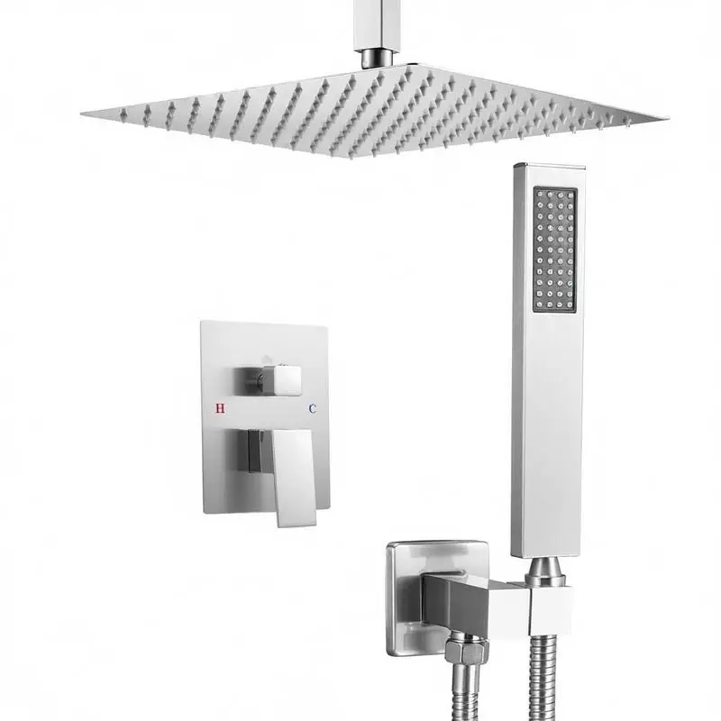 

Rain Shower Fixtures 12-Inch For Residential Bathroom Hotel Suite Master Bath, Ceiling Mounted High Pressure Dual Function Brass Construction Brushed Nickel Finish
