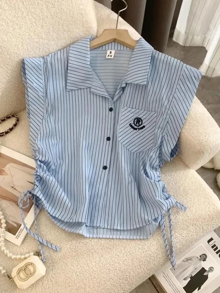 Jmprs ลายเสื้อผู้หญิง Vintage Preppy สไตล์น่ารักบินแขนเสื้อฤดูร้อนสบายๆหลวมเกาหลี Shirring หญิงเสื้อ