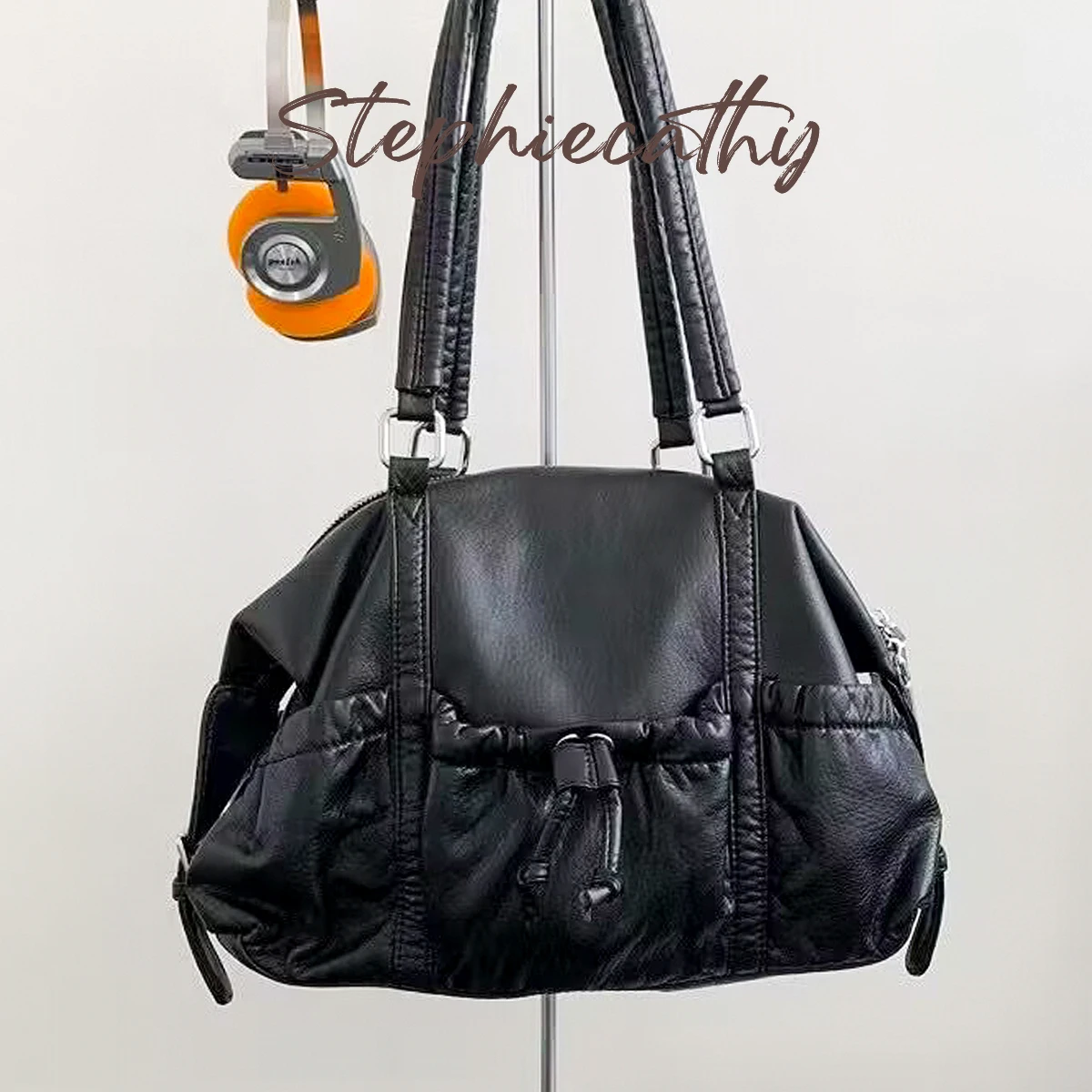 SC Vintage Cool Street Style Washed PU Vegan Leather Multi Pockets Handbag Women College Commute Shoulder Bag Unisex Large Tote