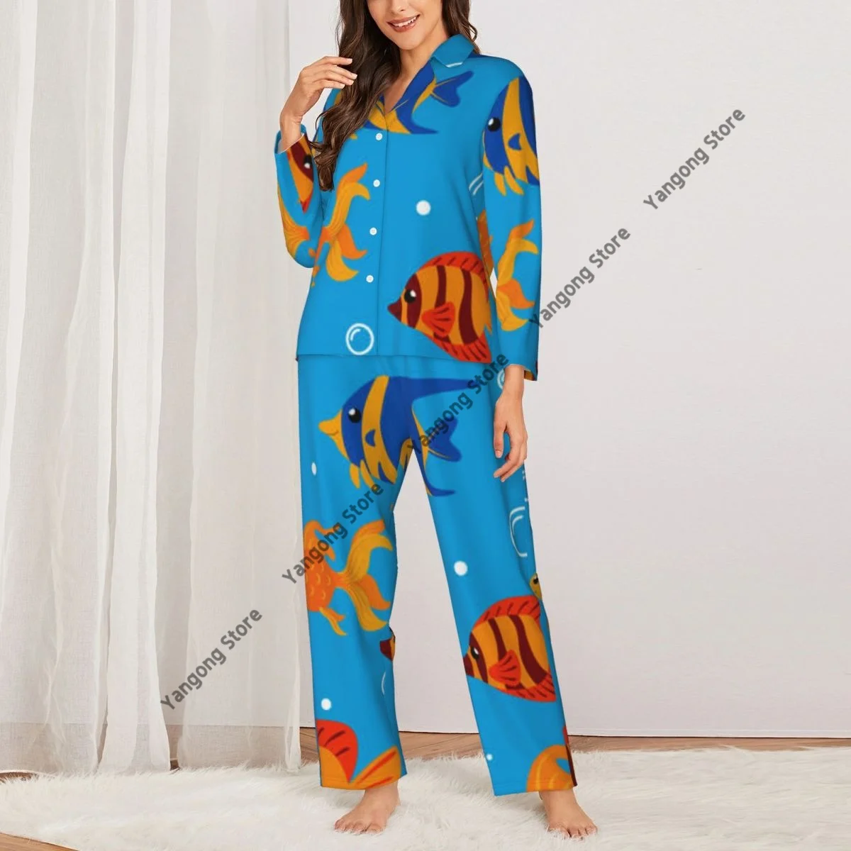 Spring and Autumn Long Sleeve Pants Pajamas Loungewear Set Fish Pattern Women's Pull Edge Loose Sleeping Suit