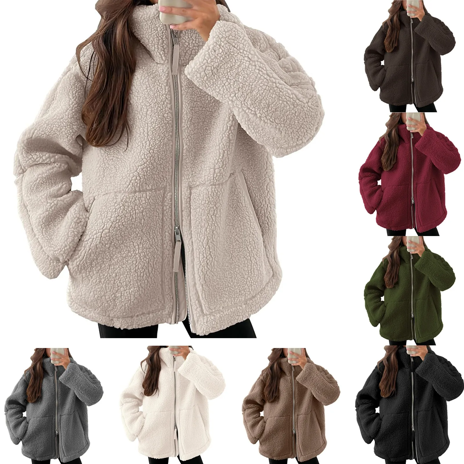 Chaqueta de lana de cordero de viento perezoso para mujer, suéter de cuello alto Semi a la moda, abrigo de felpa grueso y cálido para invierno, cárdigan, prendas de vestir exteriores para mujer