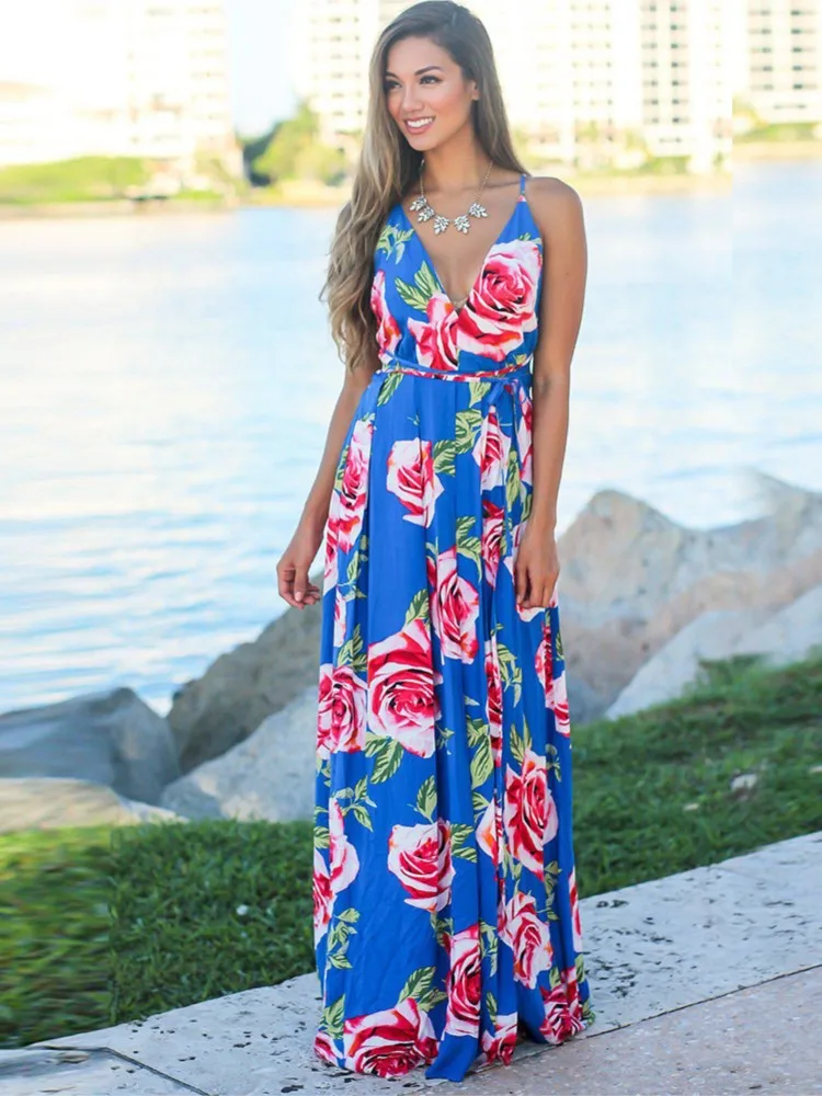 

2025 Spring And Summer New V-neck Suspender Printed Beach Dress Fashionable Casual Waist-retractable Loose Big Sling Long Dress