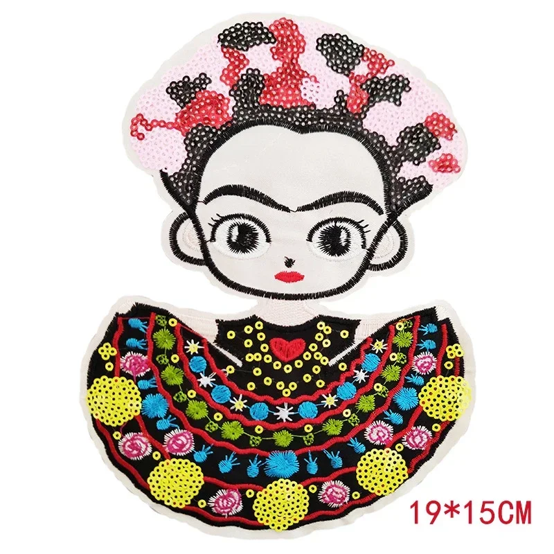 Mexican Flowers Headwear Girls Iron on Patches Cartoon Characters Sequins Embroidery Patch for Clothing  Accessories Bag Sticker