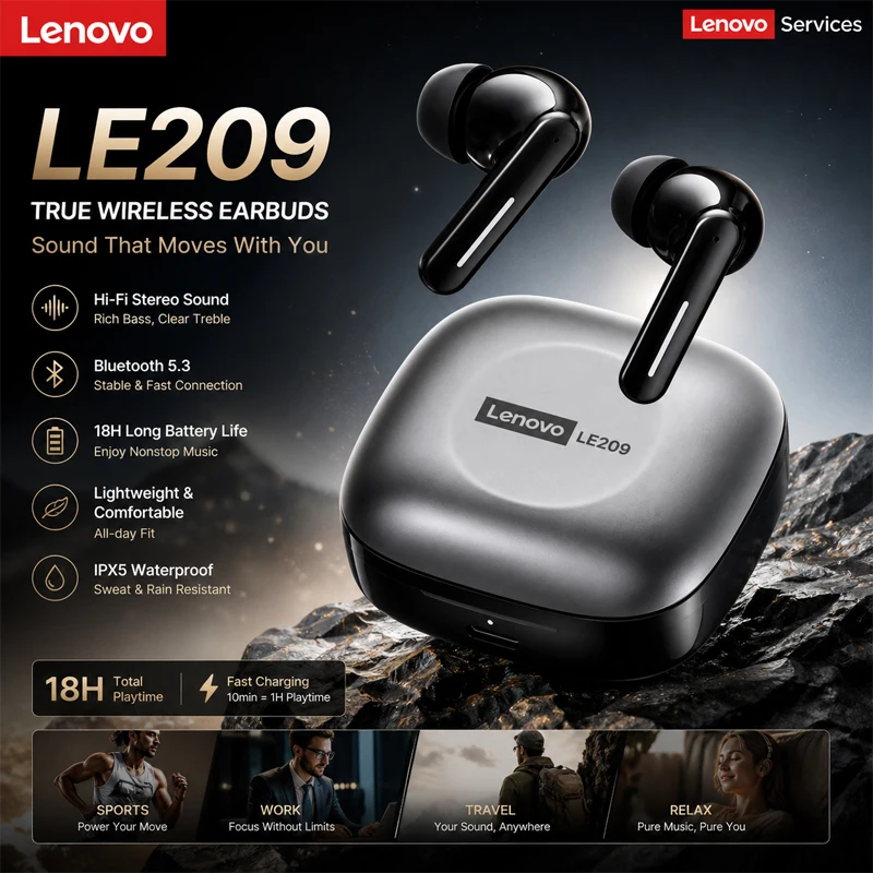 

Choice Lenovo LE209 Gaming Headset Wireless Bluetooth 6.0 Sports Headset 35H Battery Life Waterproof ANC Noise Reduction Earbuds
