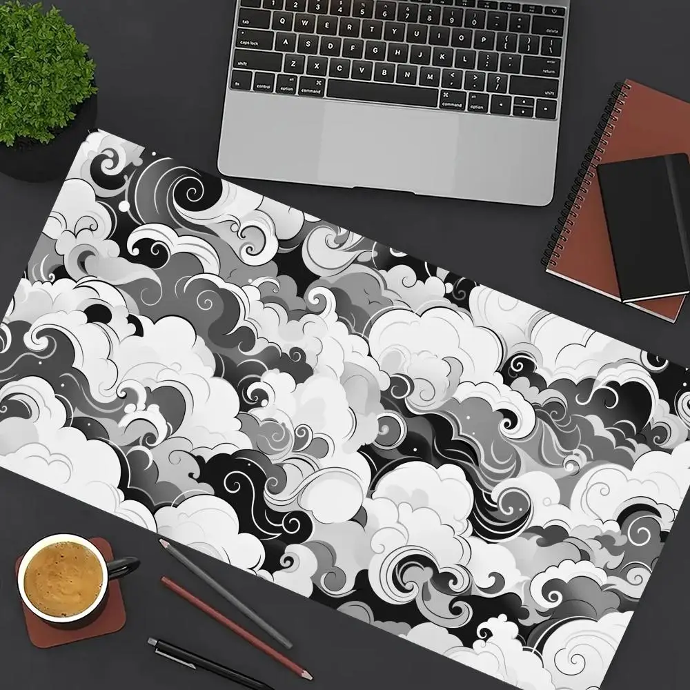 

Gray Waves Pattern Mouse Pad Large Computer Office Game Table Mat XXL Rubber Non-slip Stitched Edge Keyboard Mats Long Desk Pads