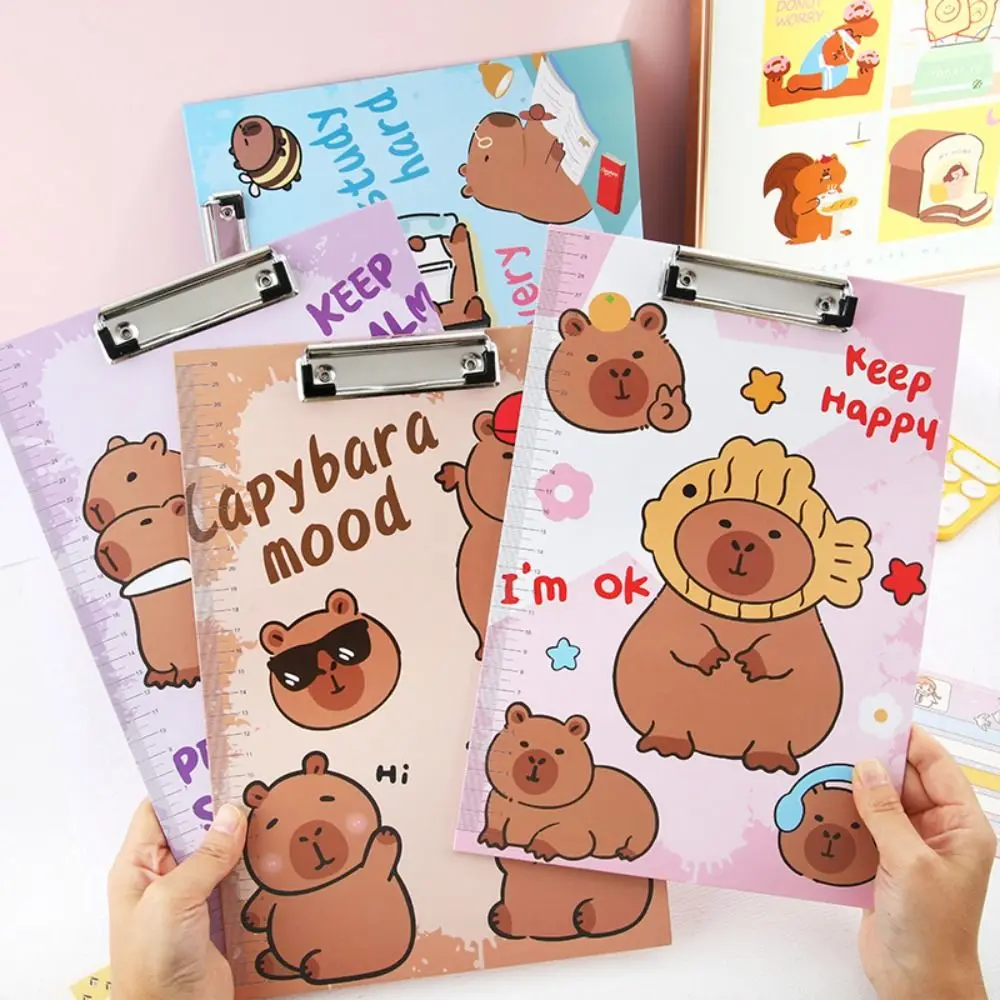 With Low Profile Gold Clip Capybara Writing Pad Document Folder Paper Organizer A4 File Folder Board Clamp Cartoon Kawaii