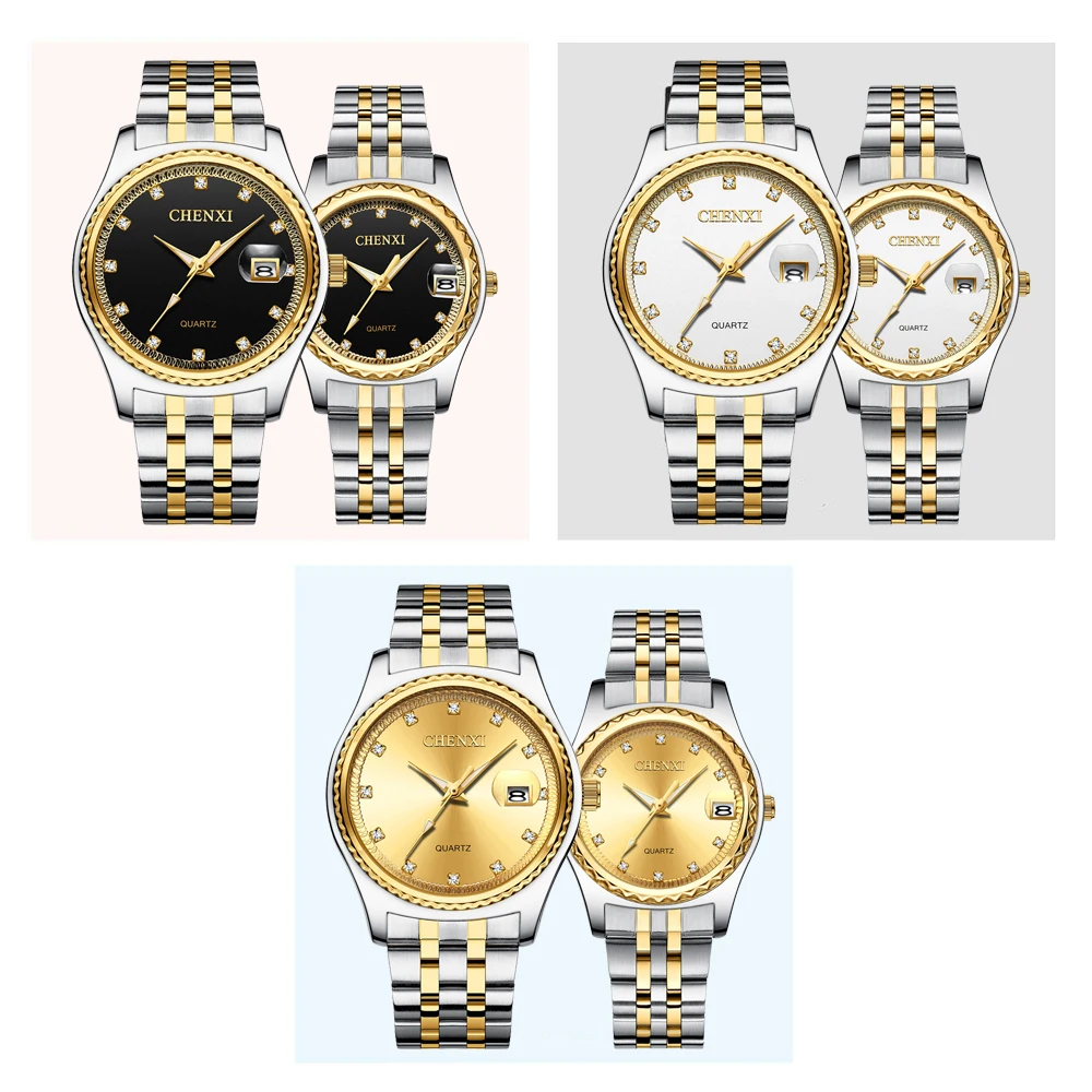 Fashion Chenxi Top Brand Men Women Watches Rhinestone Dial Luxury Couples Quartz Watch Full Stainless Steel Waterproof Calendar