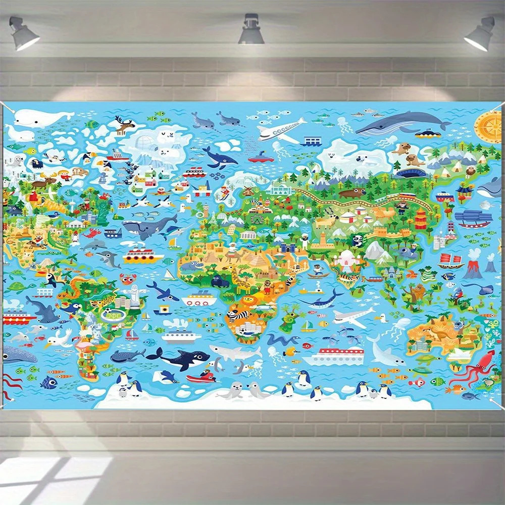 Ein lebendiger Weltkartenhintergrund mit Cartoon-Tieren und Planeten – geeignet für Heimdekoration und Partydekoration