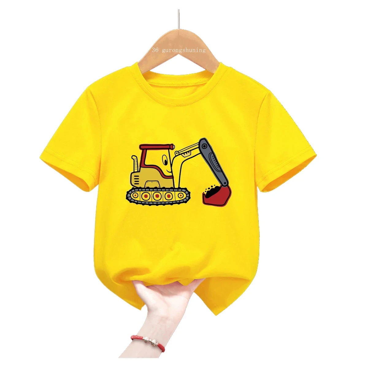 

Funny Truck Excavator Theme T-Shirt Traffic Helicopter Bulldozer T Shirt Girls Boy Gift Kids Clothes Short Sleeve Yellow Tops