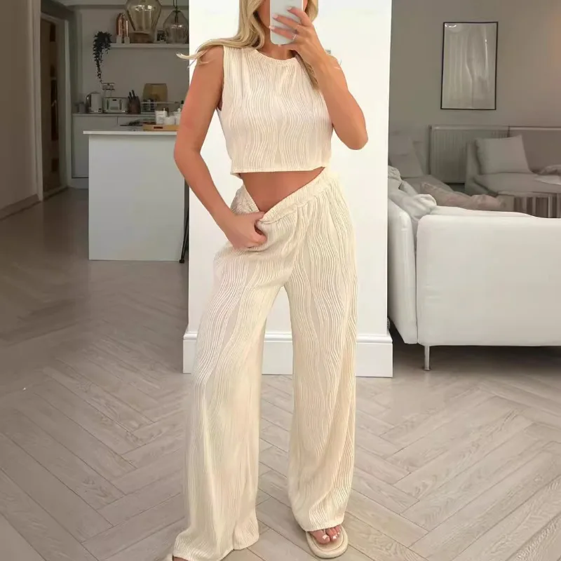 Casual Solid Water Wave Round Neck Loose Tank Top + Straight Leg Trouser Set for Women 2024 Summer Female Fashion Pants Outfits