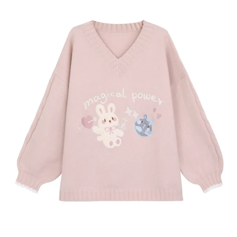 Japanese Kawaii Cute Rabbit Embroidery Sweater for Girls Pink V-neck Preppy Fashion Cartoon Oversized Jumper Casual Korean Style