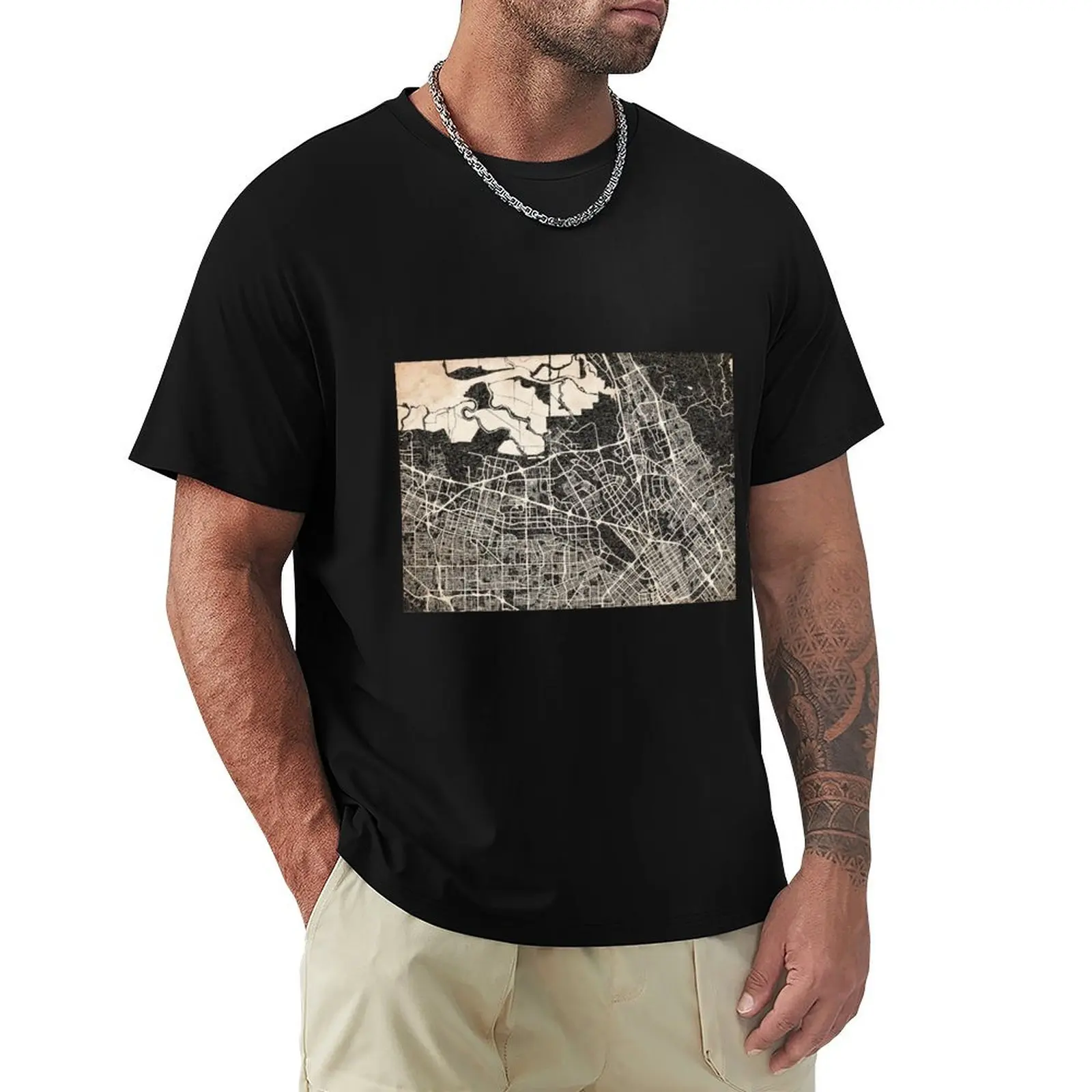 Camiseta com estampa de mapa de Santa Clara, Califórnia, com linhas em tinta, tamanho grande, casual e solta.