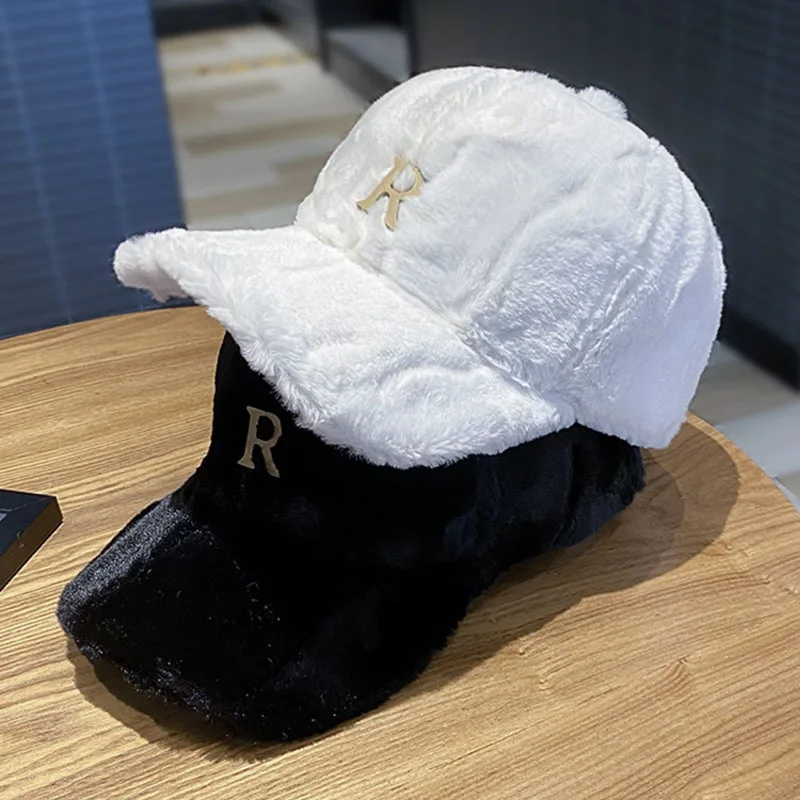 Autumn Simple Metal R Solid Color Rabbit Hair Baseball Cap Women\'s Winter Outdoor Warm Thickened Fashion Plush Sunshade Hat