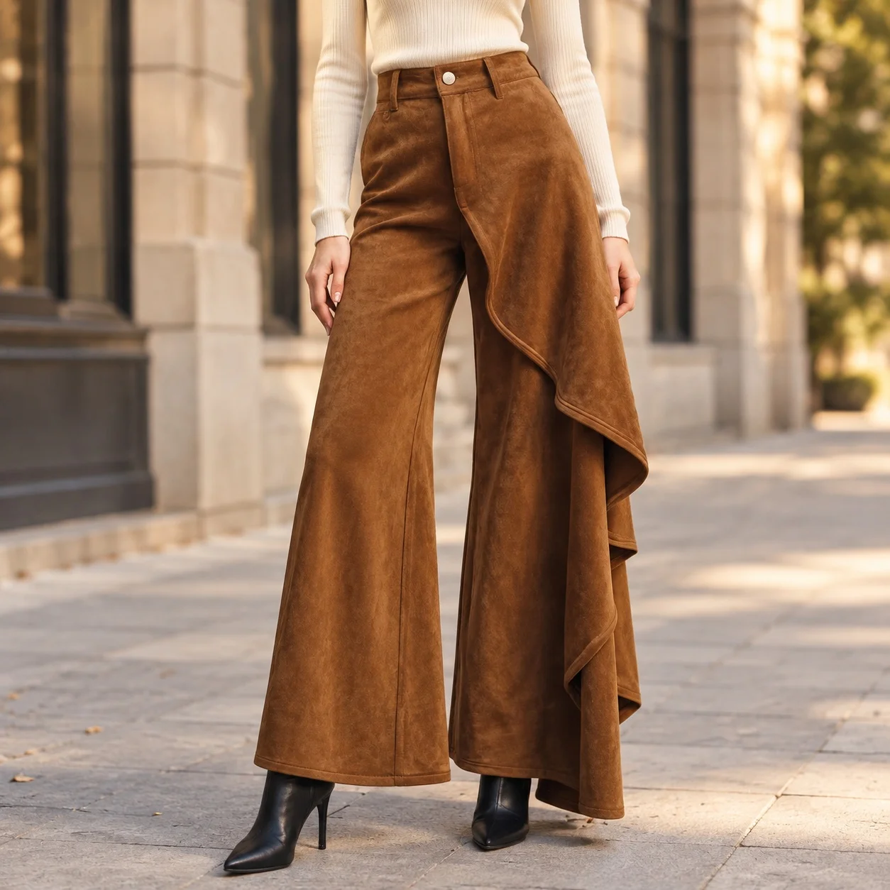 Asymmetrical Hem Wide Leg Pants High Waist Streetwear with Slight Stretch Full Length Lightweight Women Pants for Autumn Winter