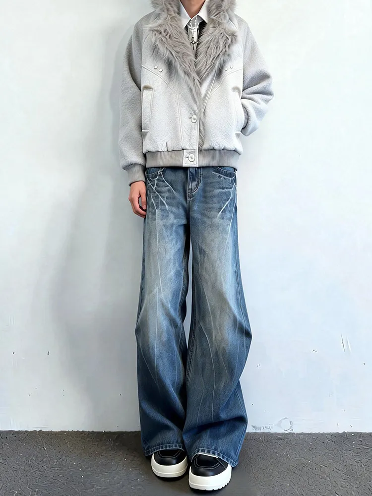 American High Street Lightning Pattern Men's Jeans Spring Trendy Vibe Style Pants Oversize Cool Flared Casual Loose Fit