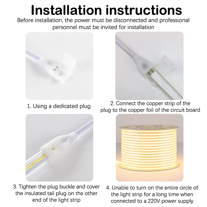 1pc 25m 220V Waterproof Light With Plug COB LED Strip Plug Accessories High Voltage Light Bar Connector