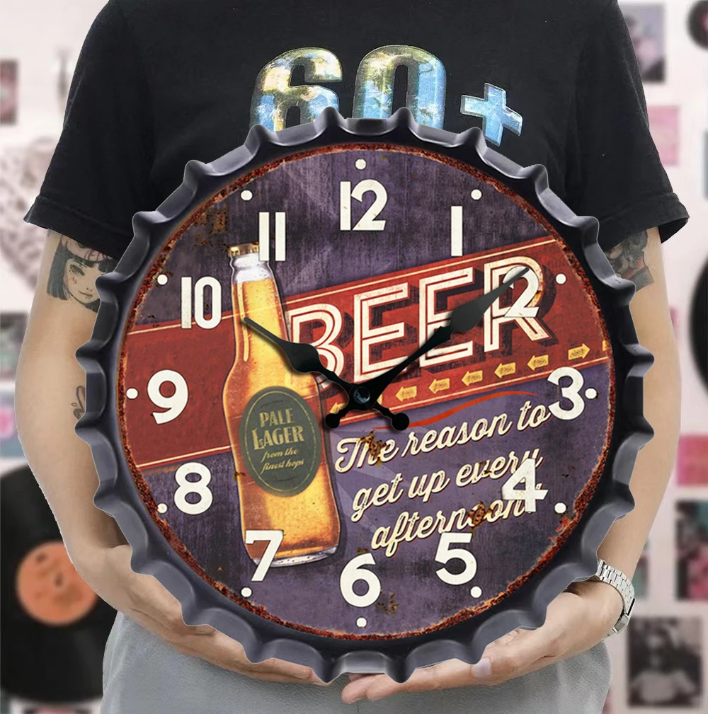 Bottle Cap Design Iron Retro Wall Clock 8/12inch Vintage Antique Silent Decor Clocks for Garage Farmhouse Office Beer Bar Cafes