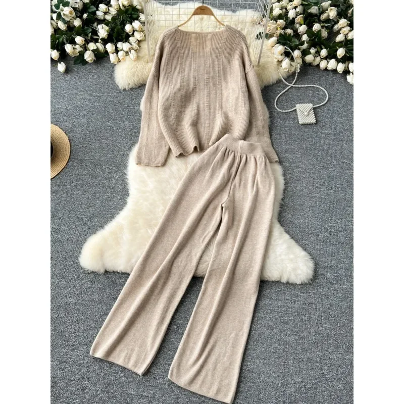 Autumn Winter New Knitted Sweater Suit Women\'s V-neck Loose Pullover Tops Lazy Style Loose Wide-leg Pants Women Two-piece Sets