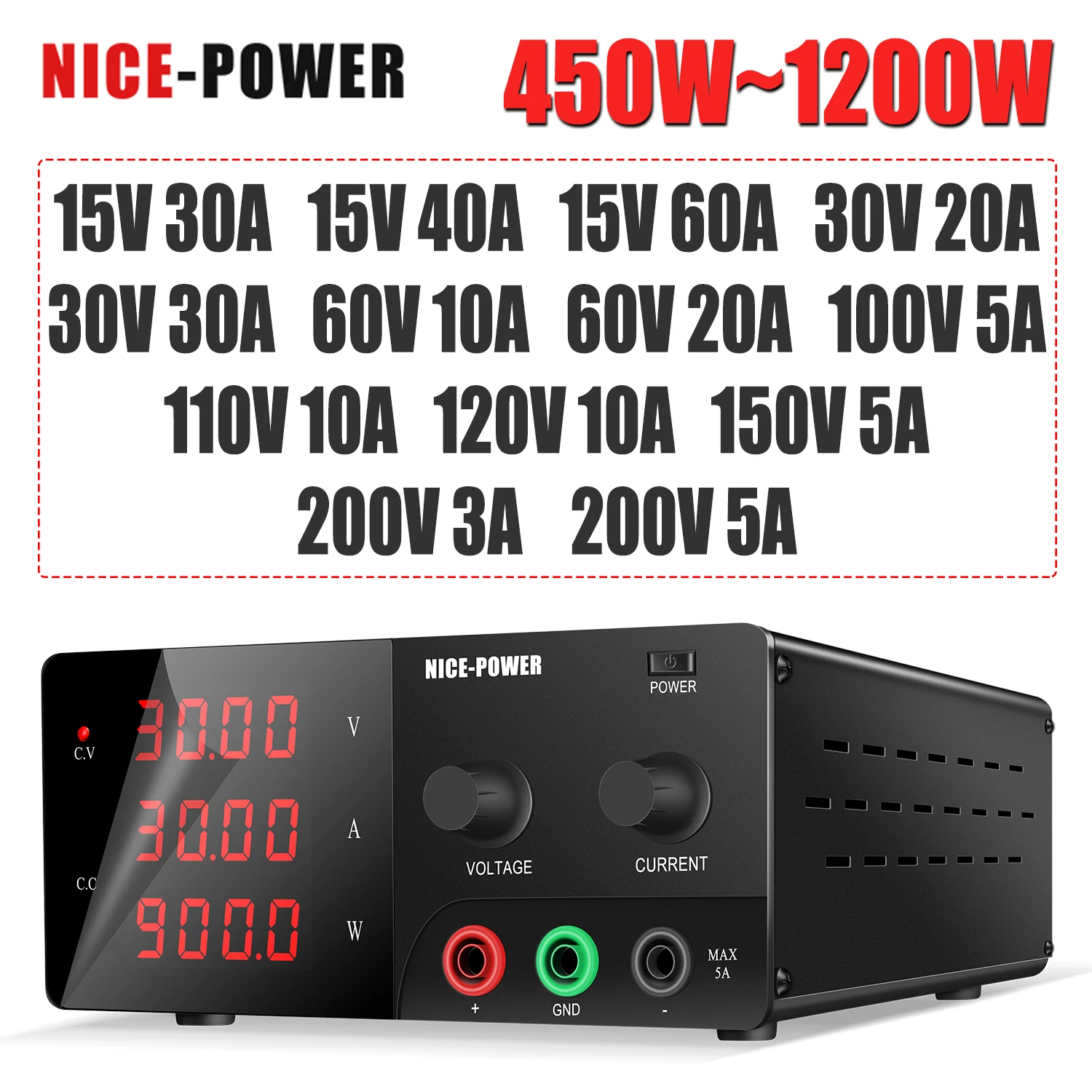 Nice-power 900w 1200w dc fonte de alimentação laboratório banco fonte ajustável 30v30a 60v20a 120v10a 60a 200v5a regulador de tensão personalizado