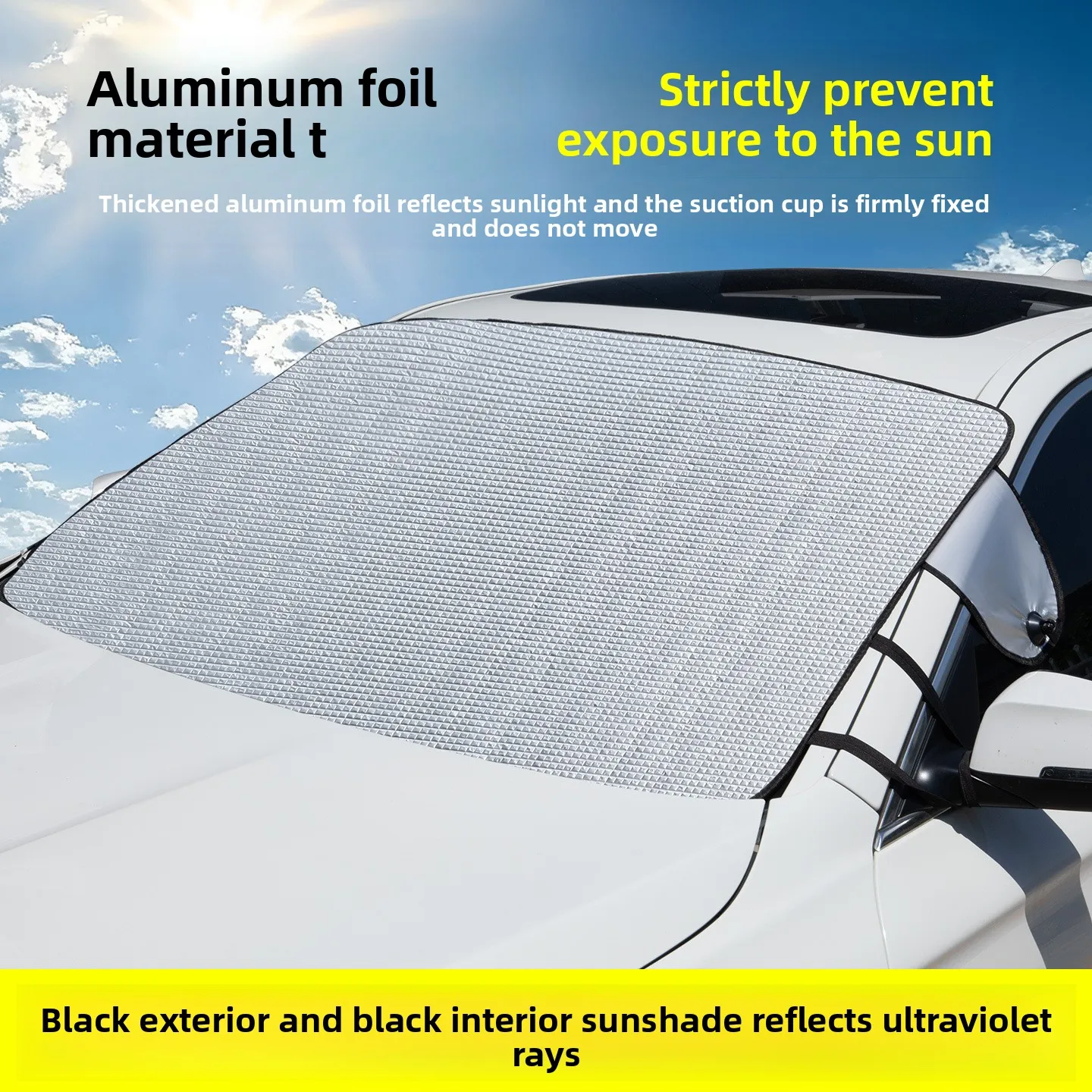 Car Windshield Sun Shade, Exterior Aluminum Foil Front Window Sunshade with Suction Cups and Strap, Reflective UV Blocking