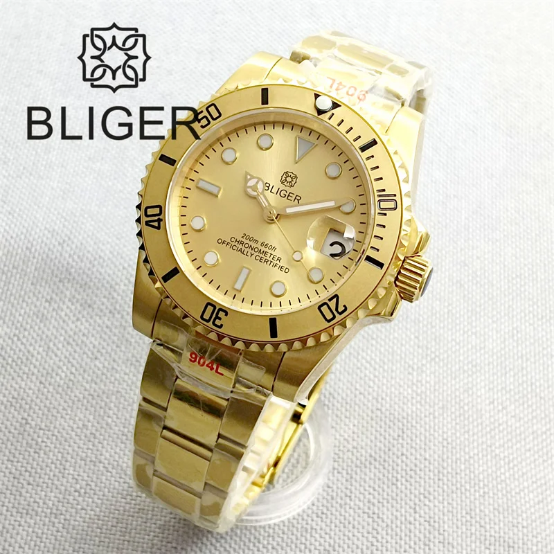 BLIGER Luxury NH35 MIYOTA 8215 PT5000 Automatic Men Watch Full Yellow Gold Bracelet Gold Sunburst Dial Sapphire Glass Waterproof