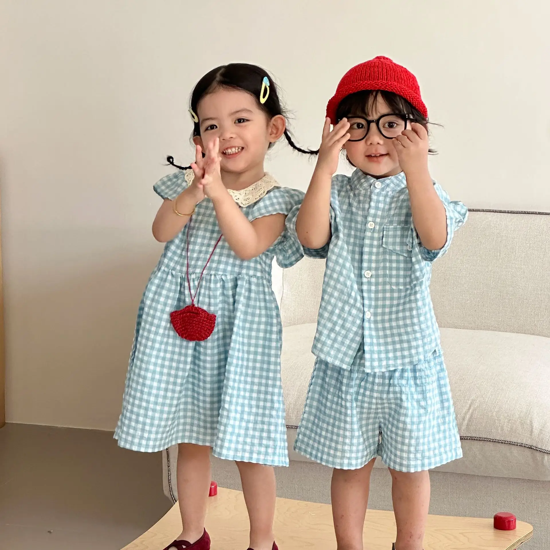2026 Summer New Children Short Sleeve Clothes Set Boys Plaid Shirts Shorts 2pcs Suit Girls Lace Collar Dress Brother Sister Set 2