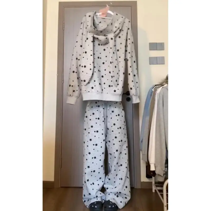 Women Lounge Home Wear Set Hooded Bunny Ears Star Print Pajamas Suit Casual Loose Grey Sleepwear Loungewear Korean Style 2 Pcs