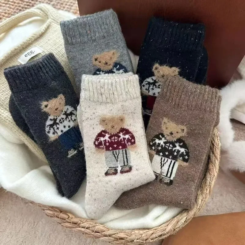 5 Pairs Cartoon Cute Little Bear Mid-calf Socks, Thickened And Warm Slouch Socks For Autumn And Winter Socks Must-have For Winte