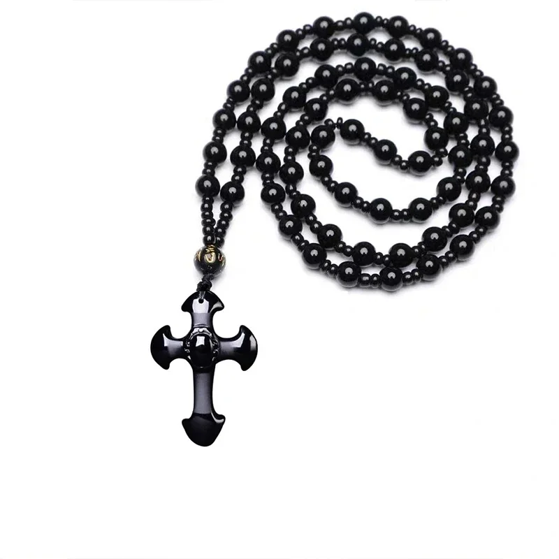 Vintage Christian Cross Obsidian Anhänger Perlen Halskette Männer Frauen viel Glück Amulett Schmuck Geschenk – Detail 6