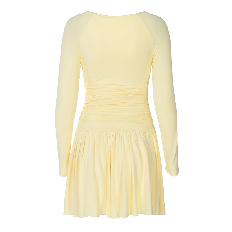 Maemukilabe Women Fall Long Sleeve Mini Dress Y2K Deep V Neck Ruched Pleated Hem Bodycon Dresses Sexy A-Line Short Party Dress