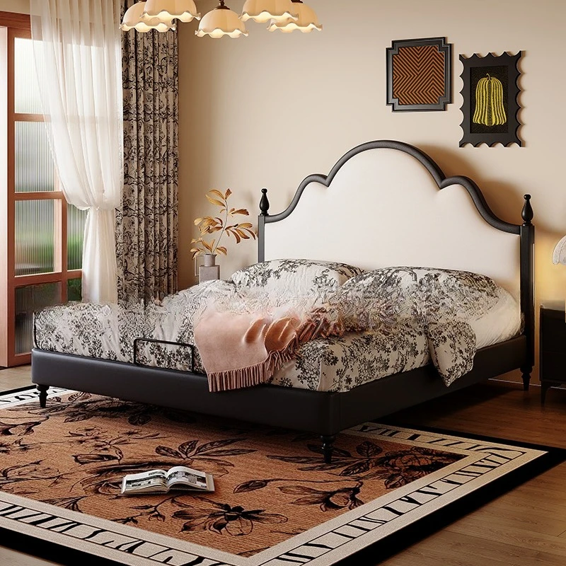 

Medieval cloud leather bed retro French master bedroom double bed small apartment soft bag storage bed