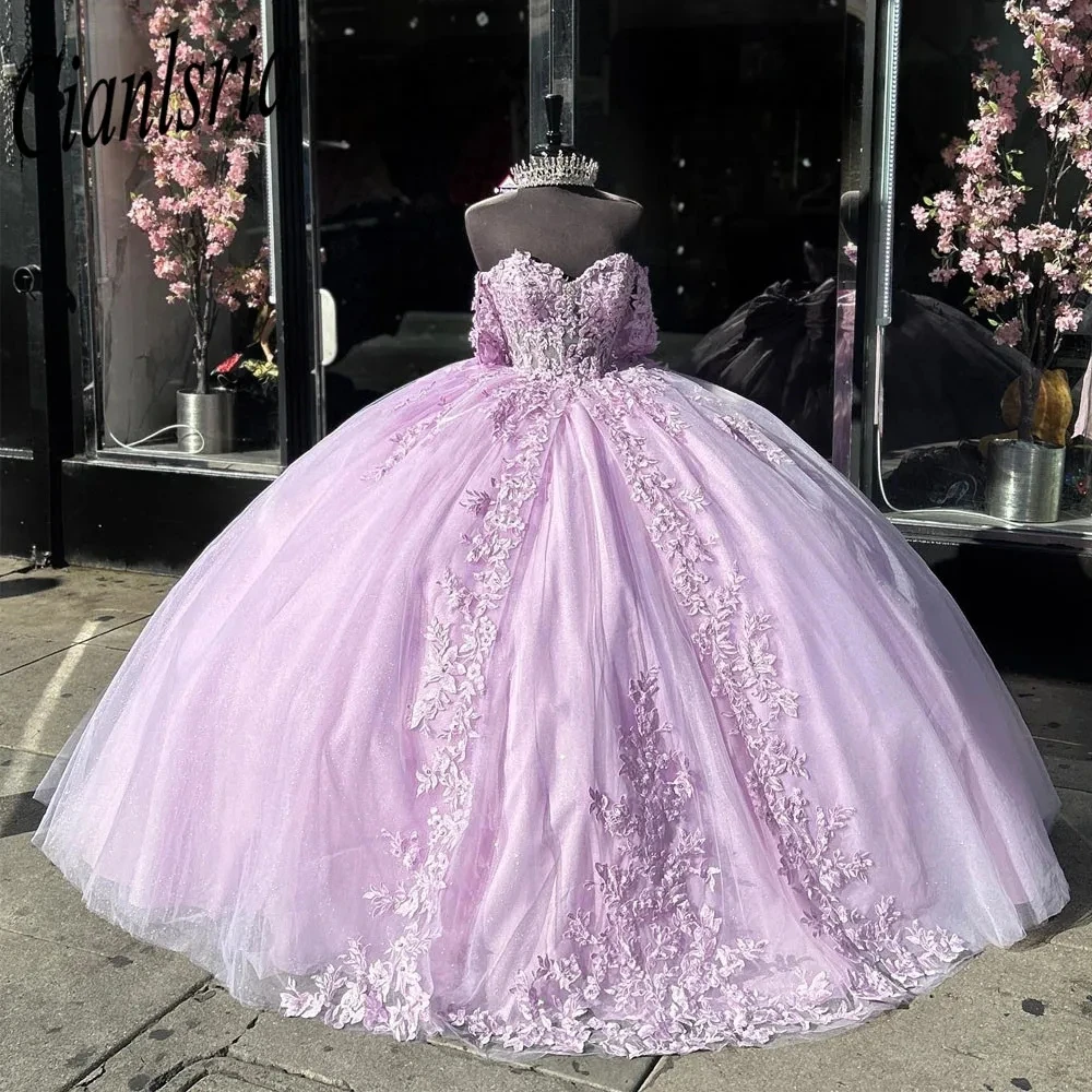 Vestido De quinceañera con lazo y hombros descubiertos, traje rosa con apliques florales De encaje, 15 Años