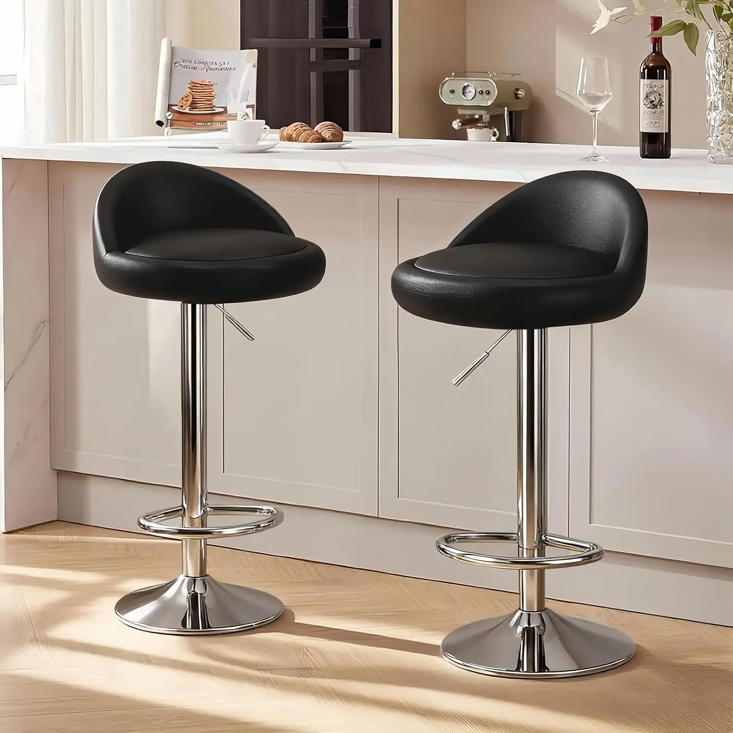 

Комплект из 2 барных стульев, современные вращающиеся барные стулья с низкой спинкой, регулируемые барные стулья с обивкой, барные стулья из искусственной кожи, на заказ