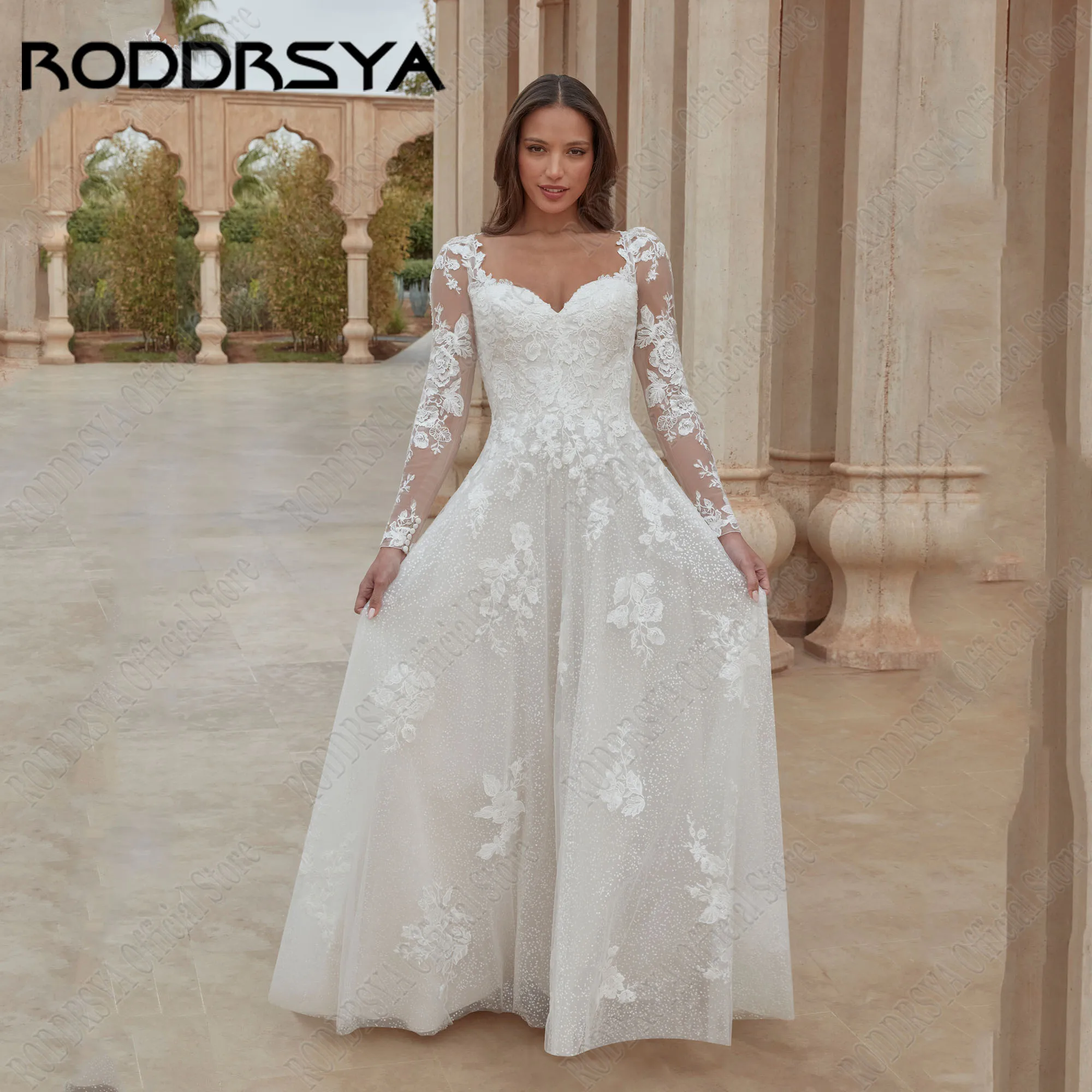 

RODDRSYA Glitter Backless Wedding Dresses For Bride Long Sleeves A-Line Applique Bridal Gown Lace V-Neck Vestidos De Novia