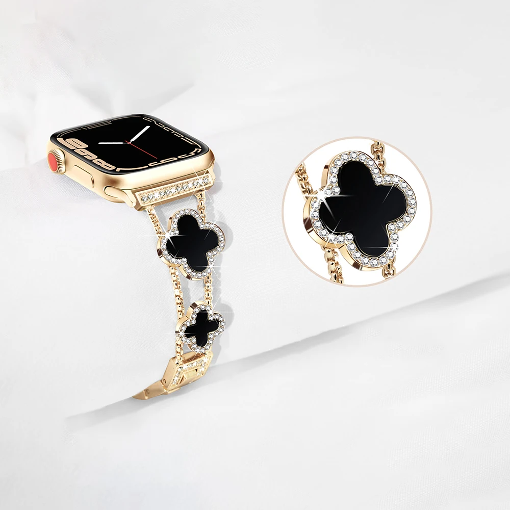 

Блестящий металлический ремешок для часов для Apple Watch, женский ремешок серии 38-49 мм, милый ремешок для часов Lucky Four-leaf Clover, регулируемая длина