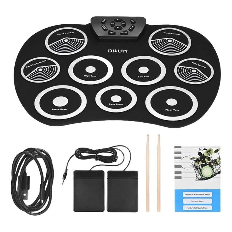 

Electronic Drum Set 9 Drum Pads Rolls up Electric Drum Set with Headphone Built in Speaker, Drum Foot Pedal