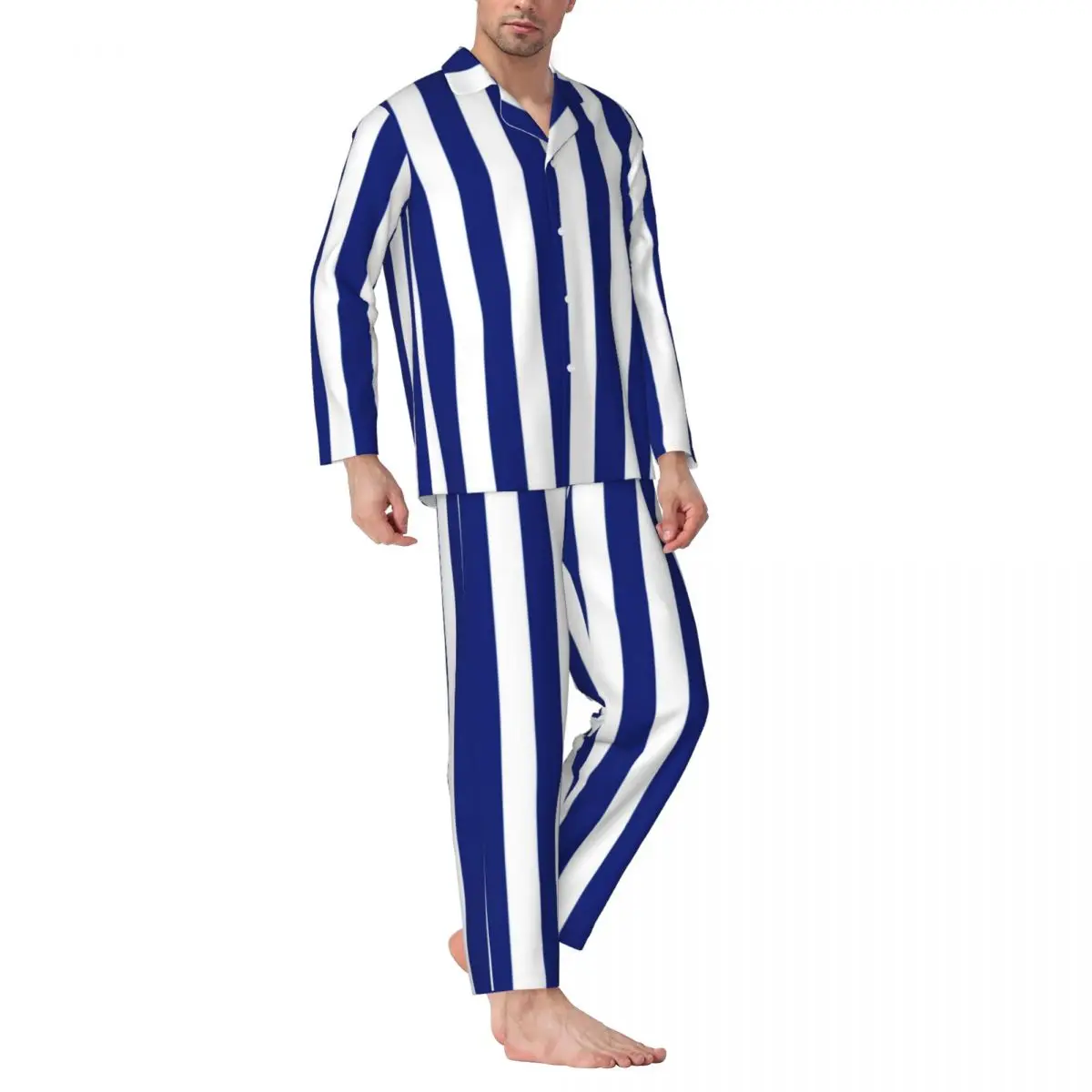 Vertical Striped Pajamas Men Blue Lines Print Kawaii Room Sleepwear Autumn 2 Piece Casual Loose Oversize Custom Pajama Sets