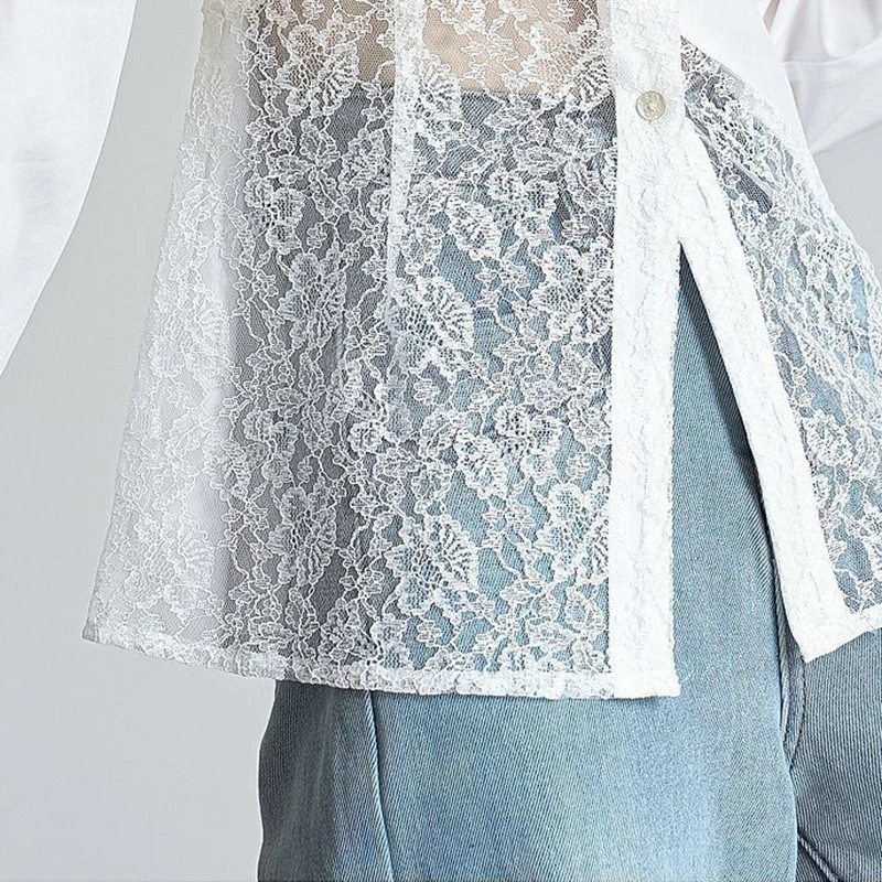 Koronkowe ażurowe bluzki damskie wiosna jesień długi rękaw patchworkowa seksowna bluzka francuska elegancka luźna codzienna szykowna biała koszula damska