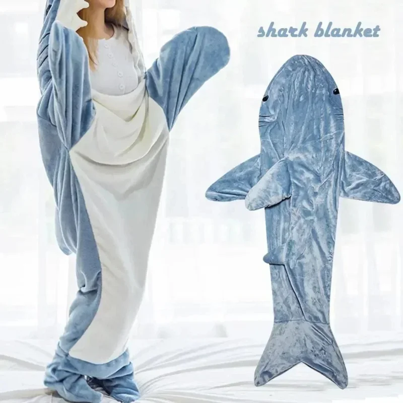 Cartoon Blue Gray Shark Blanket Sleeping Bag Pajamas Office Sleeping Suit Child Adult Plush Hoodie Fish Cosplay Costume Clothes