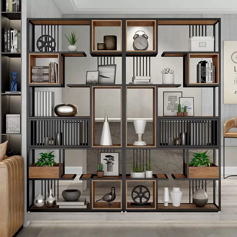 Wrought iron office partition shelf industrial style solid wood bookshelf simple multi-layer floor bookcase decorative display