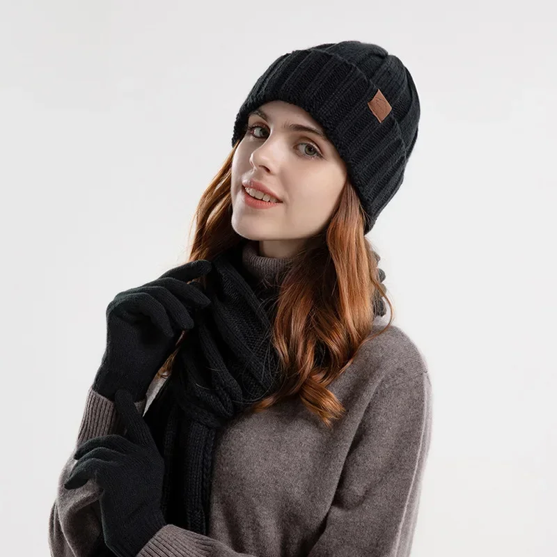 Donna uomo lavorato a maglia sciarpa lunga cappello guanti 3 pezzi Set inverno spessa peluche foderato in pile berretti cappello nero grigio