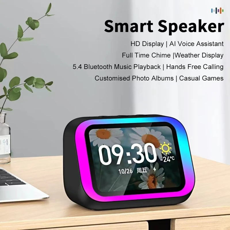 AI Voice Assistant Bluetooth Speaker With RGB Color Lighting Alarm Clock LED Screen Weather Clock Display Electronic Speaker